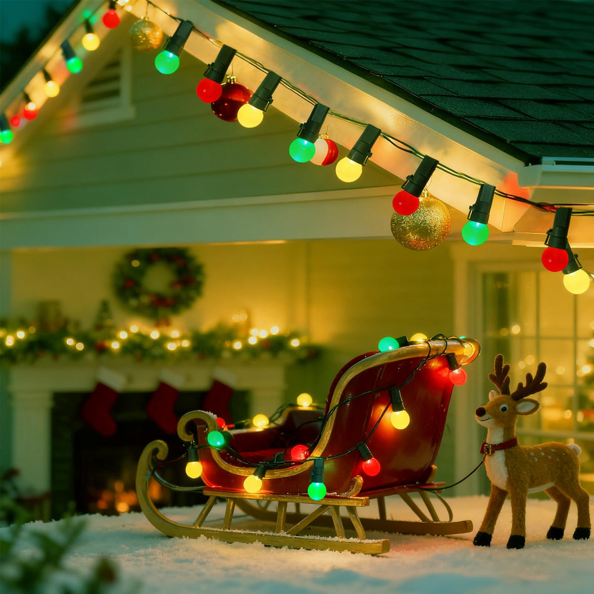 Round Christmas Lights Outdoor 13.5Ft G15 Red Green White Christmas Lights 50 LED Mini Globe String Light Indoor, Shatterproof Connectable & Plug in Xmas Light for Home Wreath Porch Patio Tree Decor