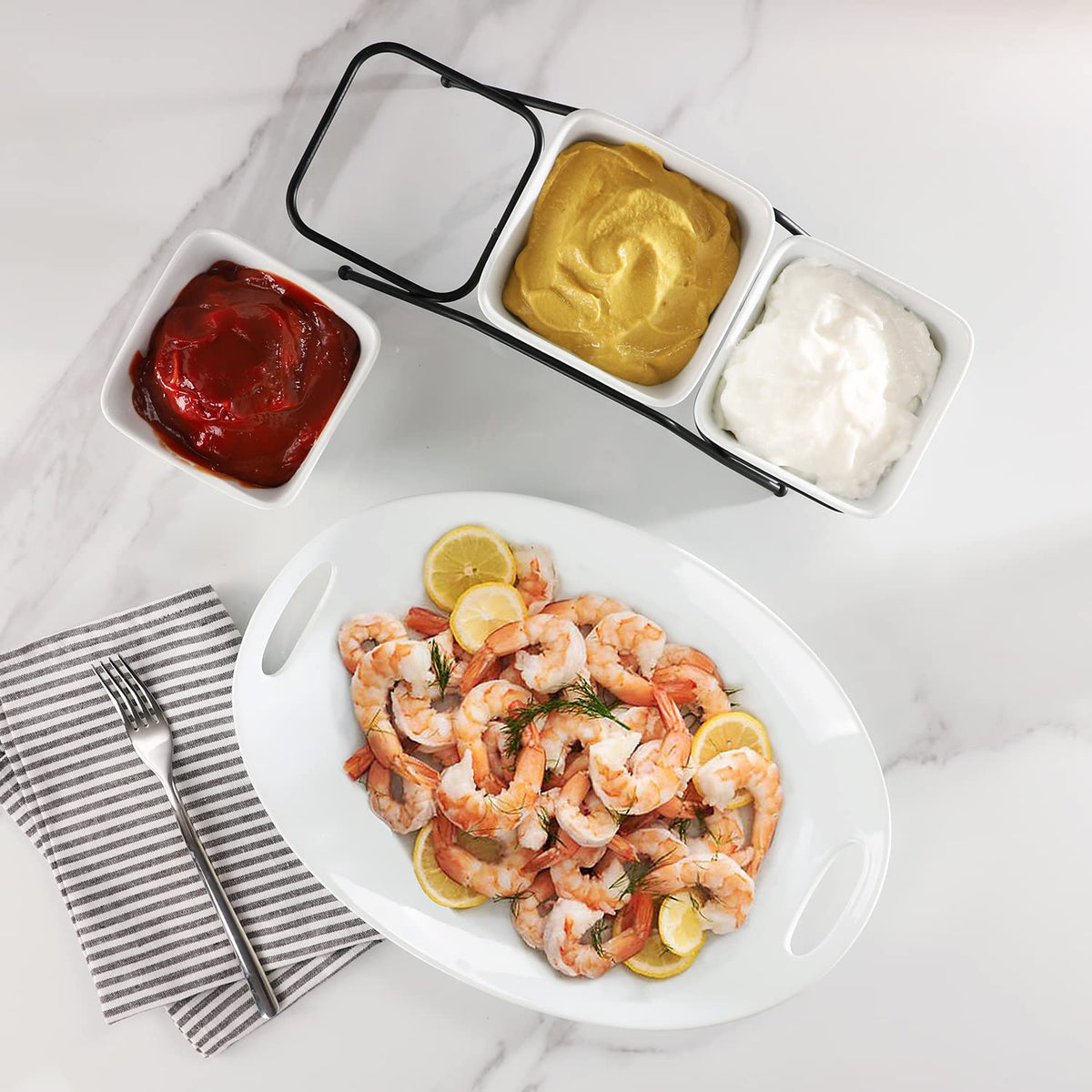 Buyajuju 3 pcs square bowl Porcelain Chip & Dip Serving Set with Black Metal Stand, 4.5inch White Small Serving Bowls for Side Dishes, Salsa, Appetizer, Serving Dishes for Entertaining 11.5 OZ