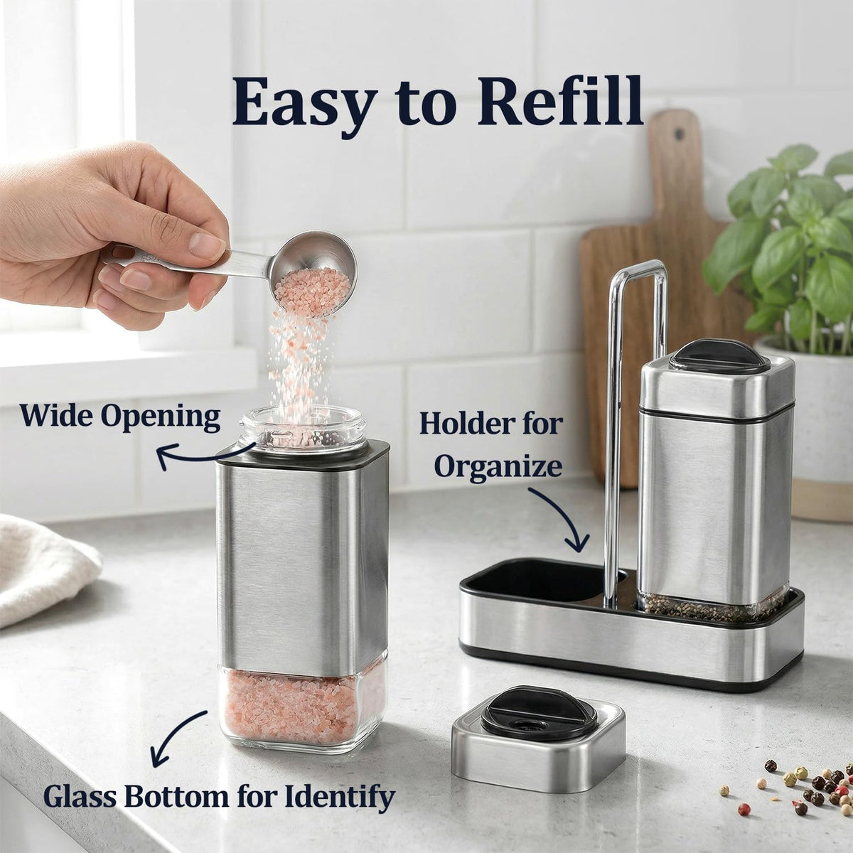 Salt and Pepper Shakers Set with Holder-Stainless Steel Salt Shaker with Adjustable Pour Holes-Set of 2 by Aelga