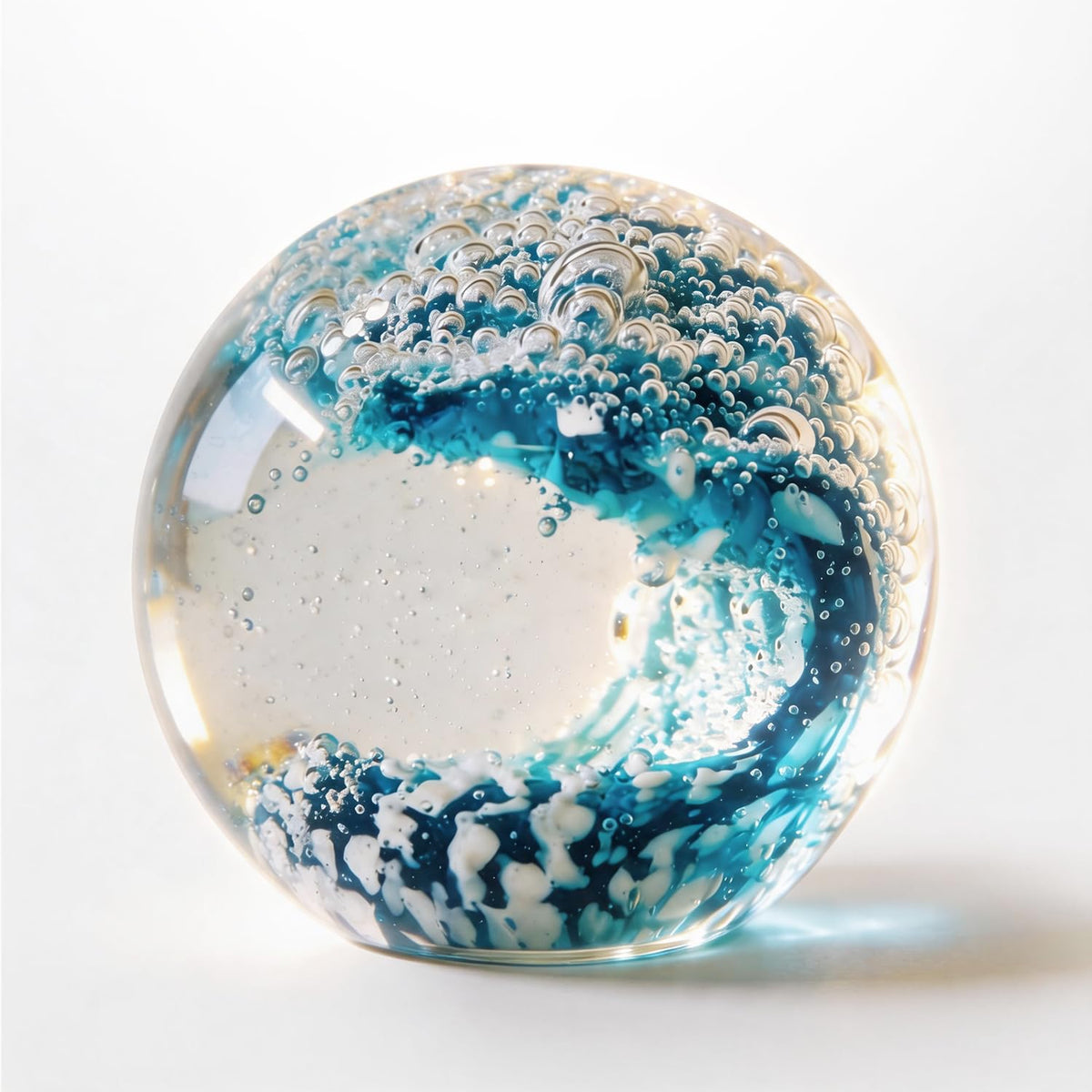 KWASVLYA Hand Blown Ocean Wave Crystal Ball Blue Crystal Art Decorative Sphere Paperweight for Desk Decor, Stress Relief Gift for Ocean Lovers & Women
