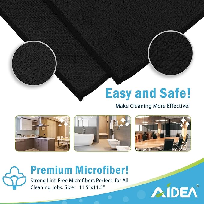 AIDEA Microfiber Cleaning Cloth Black 12PK, Microfiber Towels