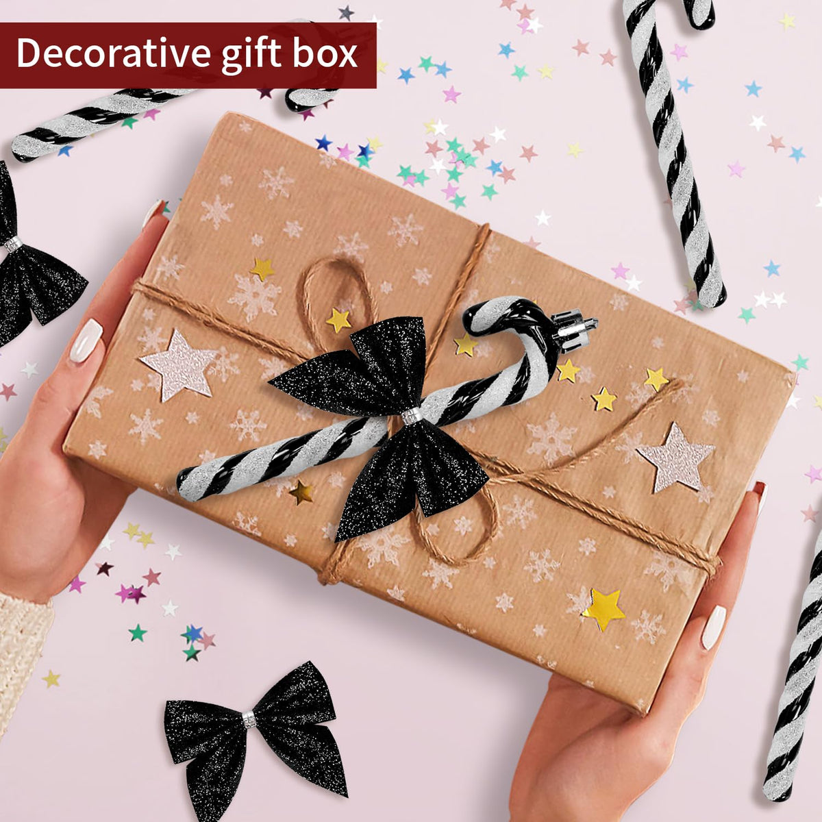 24 Pcs Candy Cane Christmas Decorations,5.5inch Glitter Candy Cane Bows for Xmas Tree Hanging Ornament Holiday Festival Party Home Decoration (Black)