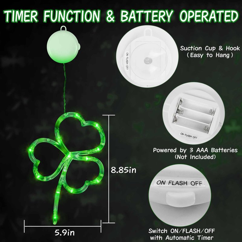 [Timer] 3 Pack St Patricks Day Decorations Shamrocks Window Lights Battery Operated, Green St. Patrick's Day Lights Saint Patricks Day Decor Window Silhouette Lights for Home Party Door Indoor Outdoor
