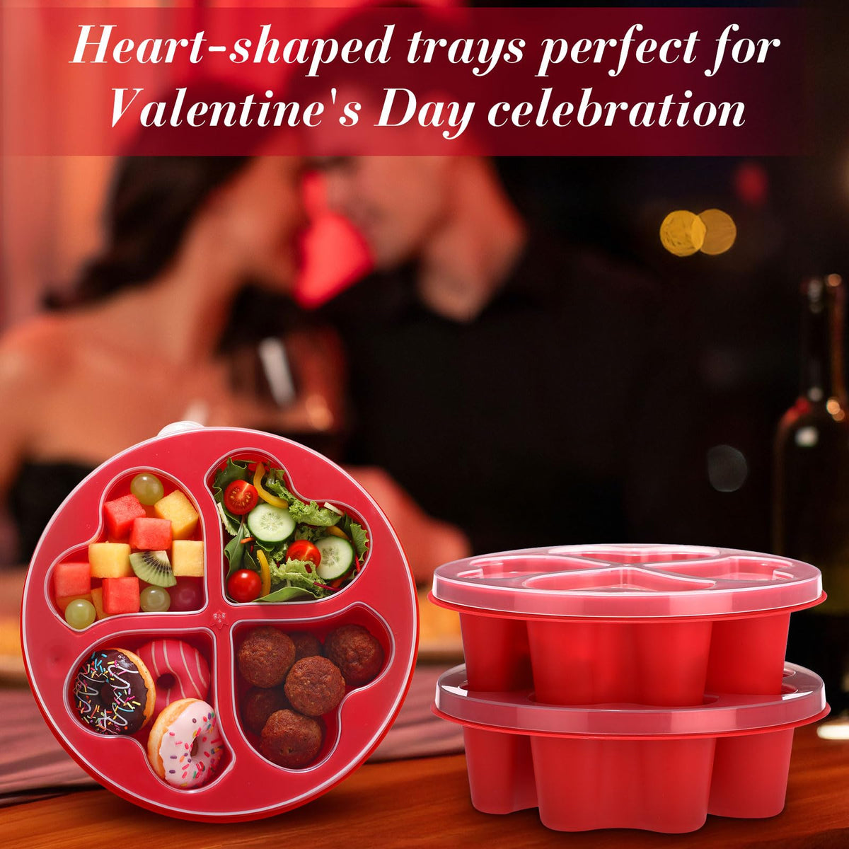 FoldTier 6 Pcs 6.8 Inch Valentine's Day Mini Snack Box Divided Dessert Serving Tray Heart Red 4-compartment Snack Container Box with Lids for Christmas Mother's Day Lunch Meal
