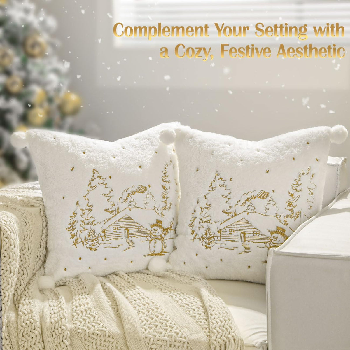 Lewondr Throw Pillow Cover, 18x18 Inch Set of 2 Soft Faux Fur Decorative Pillow Cover with Plush Ball Cute Embroidered Tree House Snowman Throw Pillow Case for Bed Home Decor Living Room, White