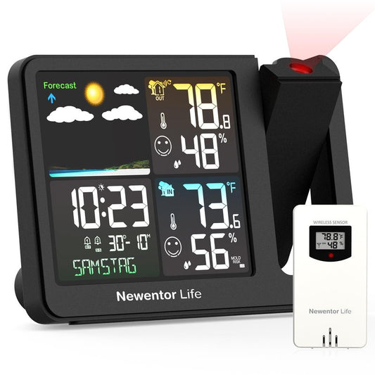 Newentor Projection Alarm Clock, Projection Clock for Bedroom Ceiling, Weather Station Thermometer with Projector Indoor Outdoor TEM&Hum, Forecast, Adjustable Backlight, Black with Red Projector
