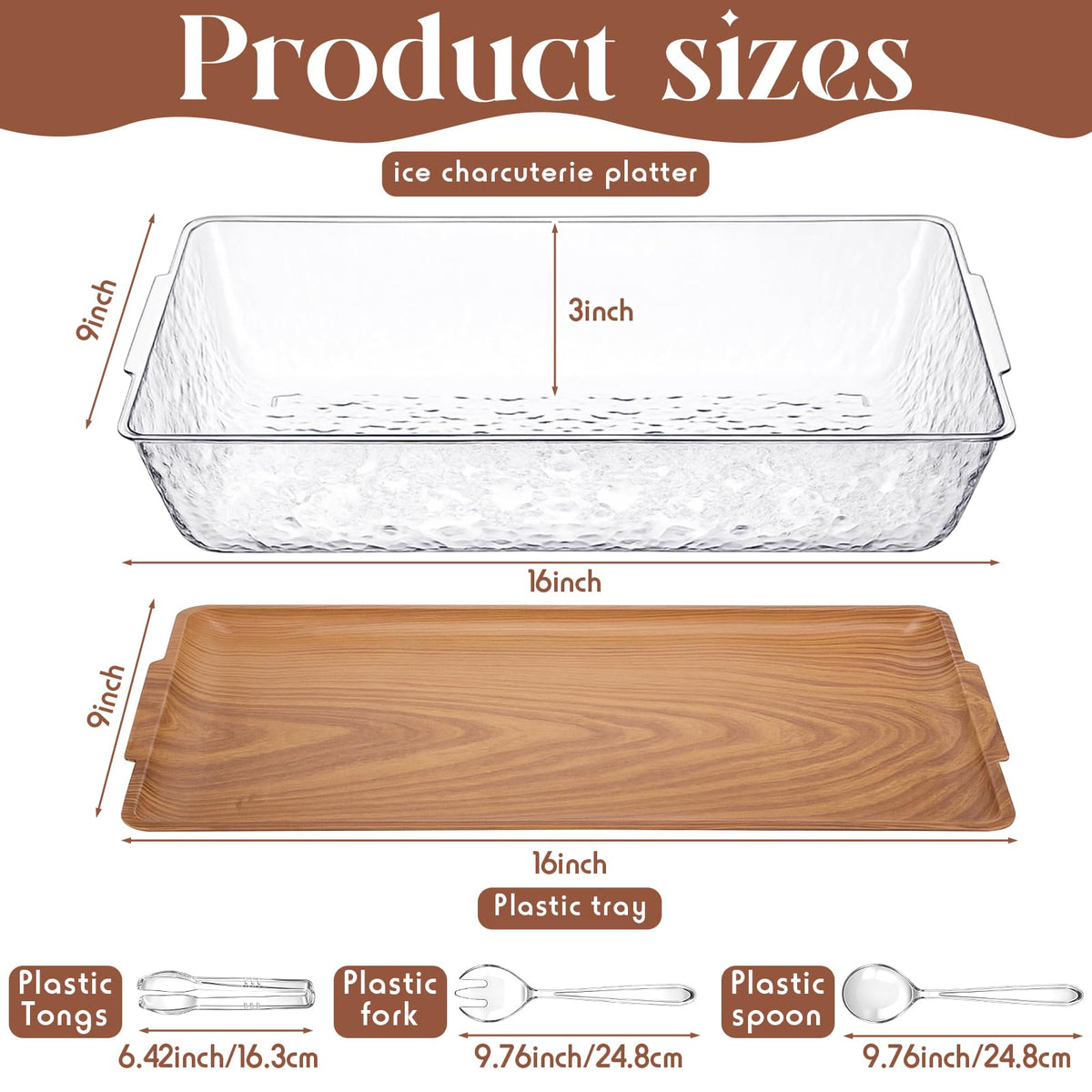 Baderke 1 Set 16" x 9" Chilled Serving Tray for Parties with Compartments Ice Chilled Party Crudite Platter Charcuterie Serving Board Cold Dish Dip Tableware for Seafood Vegetable (Light Wood)