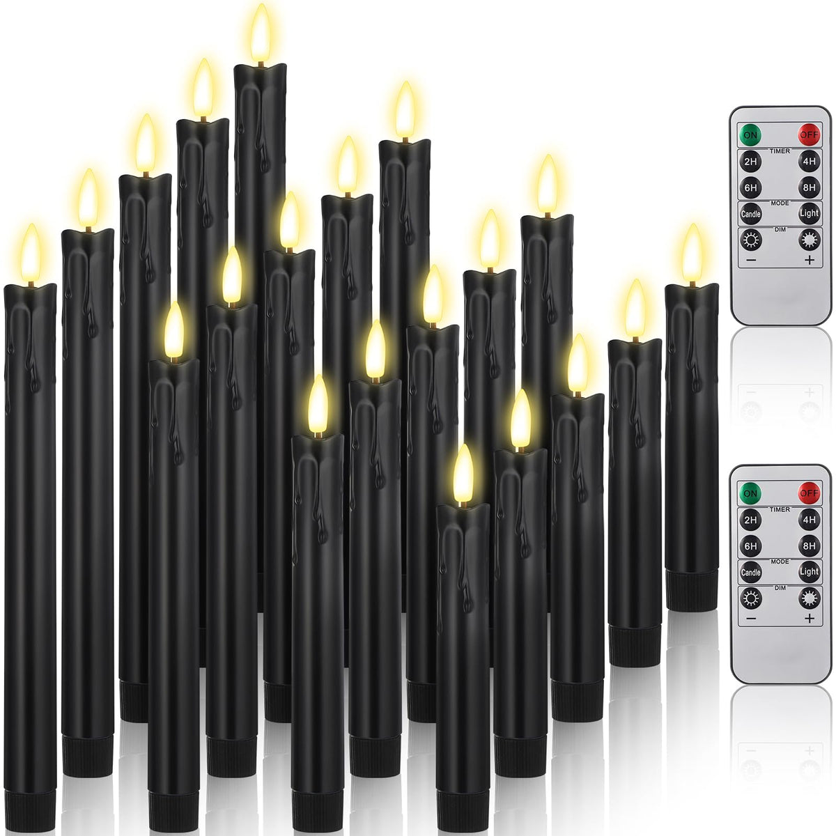 Retisee 20 Pcs Flameless Taper Candles with Timer Remote 6.5" 7.7" 8.9" 10" Plastic LED Candlesticks Battery Operated LED Candles for Indoor Home Wedding Christmas Decoration(Black)