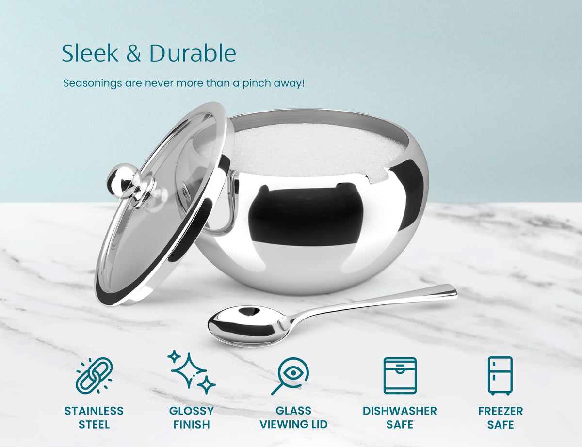 KooK Sugar Bowl with Lid and Spoon, Container with Lid, for Salt, Coffee, Holds 2 Cups, Dishwasher Safe, Stainless Steel, 16 Oz