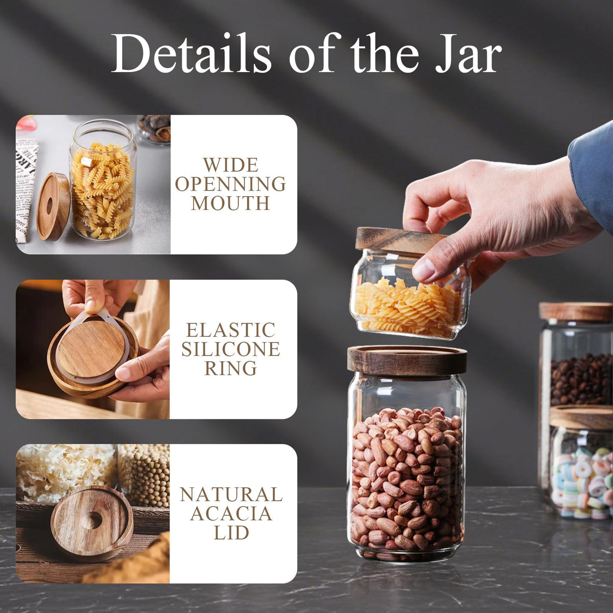 Glass Jars with Airtight Wood Lids - 17 oz Small Kitchen Pantry Storage Containers, Stackable Decorative Canisters for Chia Seed, Tea, Ground Coffee, Sugar, Spice, Salt, Matcha, Nuts, Q-Tip, Set of 2