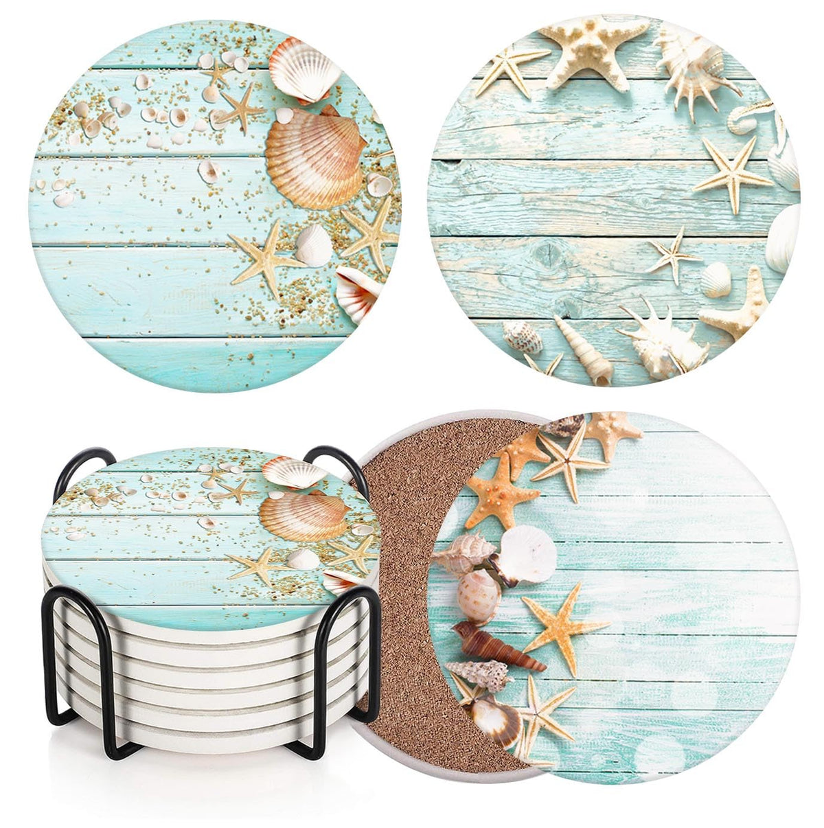 Britimes Coaster for Drinks Set of 6, Beach Seashells Wooden Nautical Wood Sand Table Coastal Absorbent Round Ceramic Stone Mat, with Cork Base and Metal Holder, Gift for Housewarming Room Bar Decor