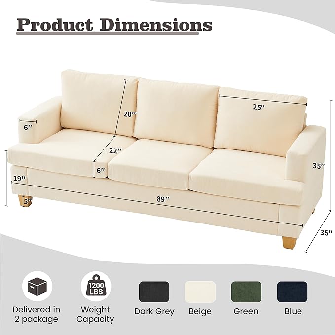 Apicizon 89" 3 Seater Modern Sofa, Chenille Couch