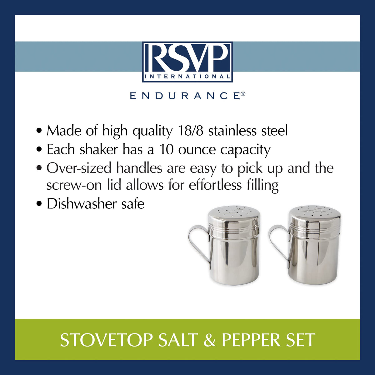 RSVP International Endurance Kitchen Shaker Collection, Dishwasher Safe, Salt & Pepper Set, 10-Ounce, Stainless Steel