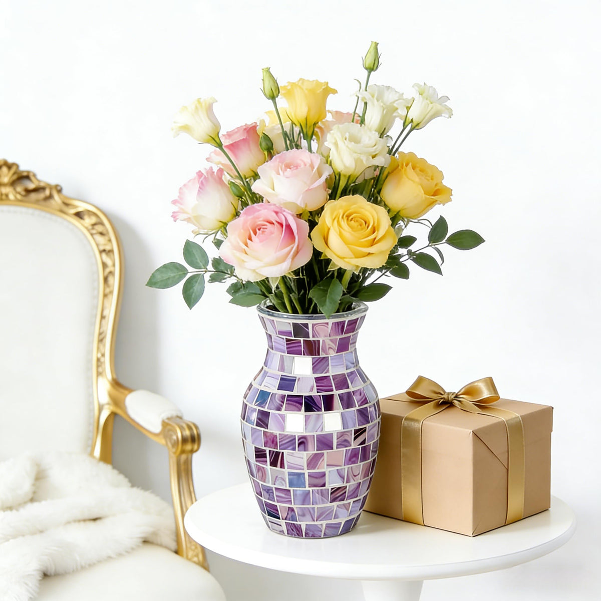 Mosaic Glass Vase, Silver Crackle Glass Vase, Shiny Modern Decor Handmade Vase, Glitter Mosaic Accent Container Table Centerpiece for Home Decor Office Living Room Bookshelves Wedding (Purple)