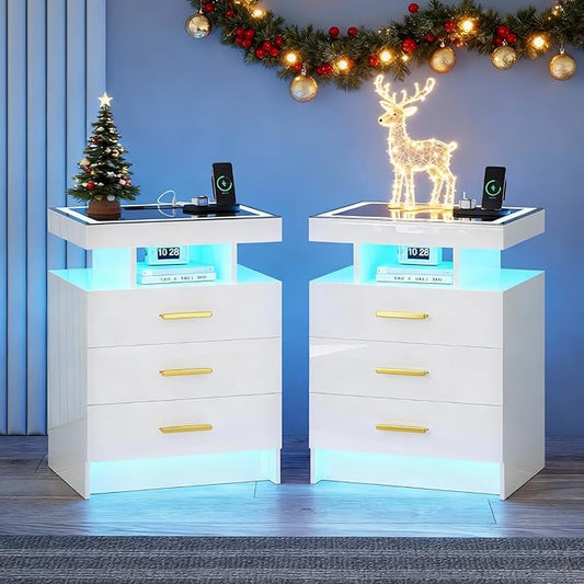 White Night Stand Set 2 with Wireless Charging Station, Smart Bedside Table