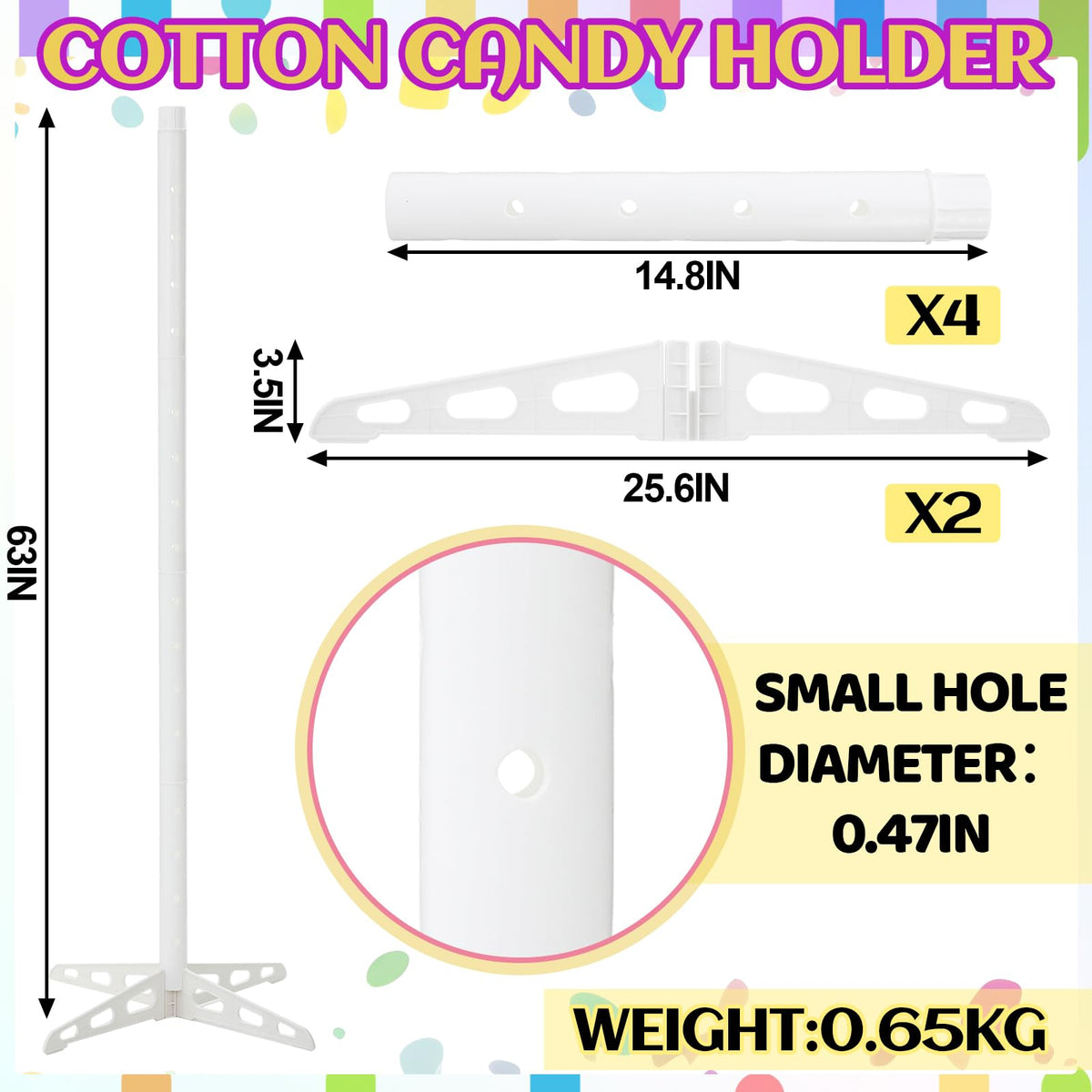 Novabright 1 Pack Plastic Cotton Candy Stand 5.25 ft Tall Cake Pop Stand with 48 Holes Adjustable Cotton Candy Floor Display for Christmas Wedding Birthday Baby Shower Party Anniversaries