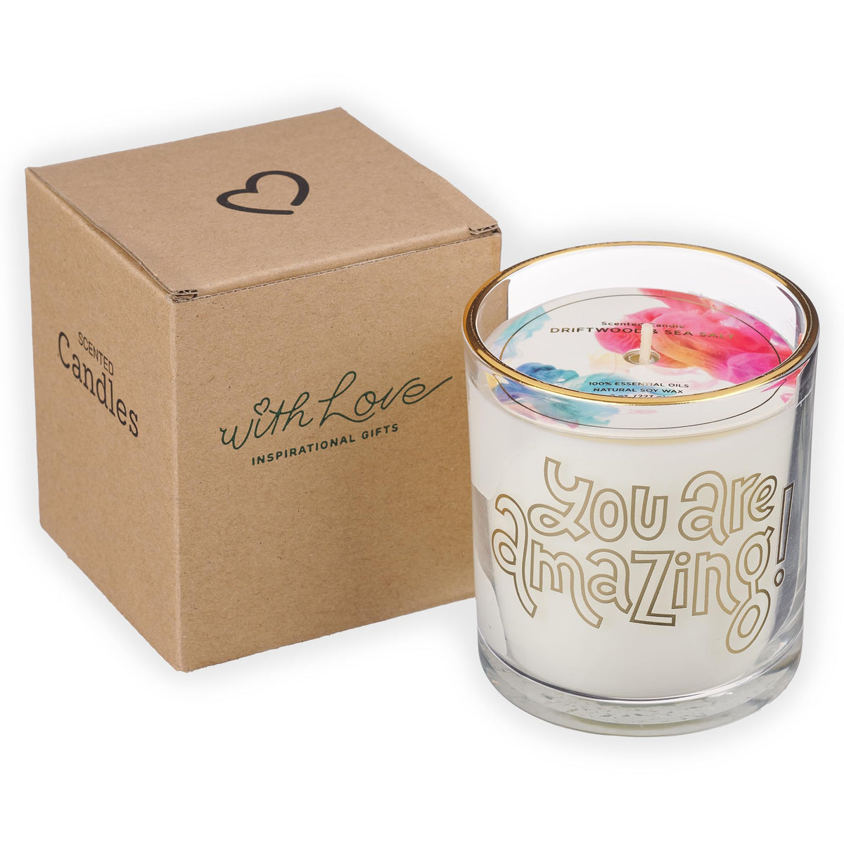 With Love Driftwood & Sea Salt Scented Candle, Soy Wax, Pure Essential Oils, You are Amazing Sentiment, Friendship Gifts, White and Gold Design Glass Jar, 40 Hours Burn Time
