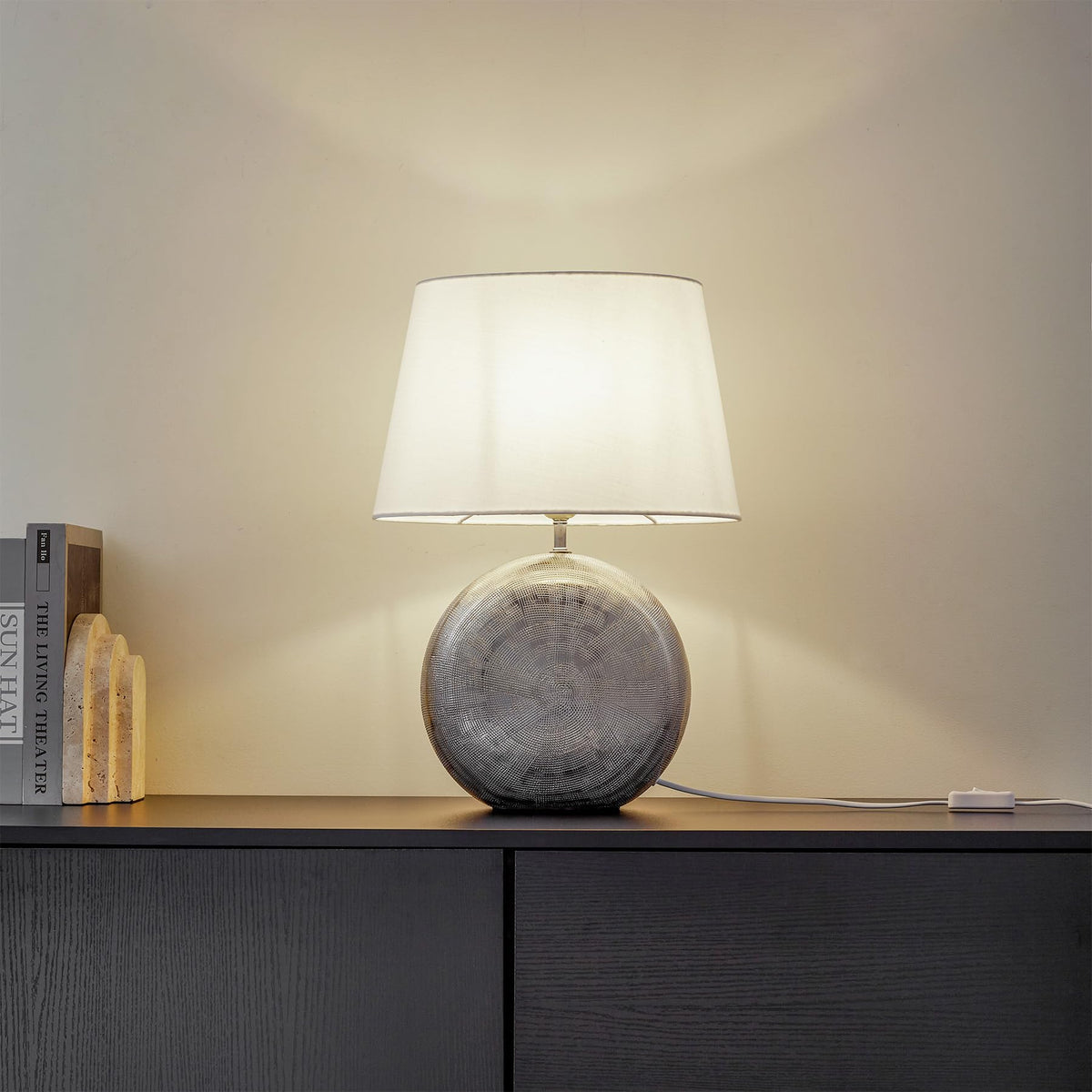 Lucande 19" Modern Ceramic Table Lamp, Silver Jar-Style Base with White Fabric Shade, Elegant Bedside Lamp for Nightstand or Living Room, E26 Base Bulb Not Included