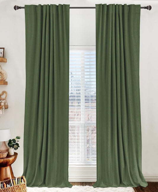 Skiennix 100% Blackout Linen Curtains - Thermal Insulated Drapes, 50" W x 72" L, Moss Green - 2 Panels Set