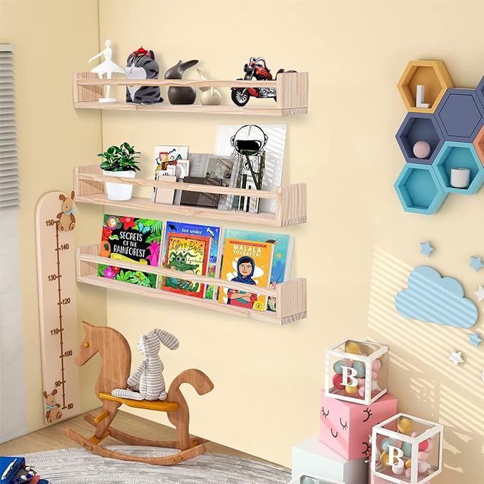 AZSKY Natural Wood Nursery Shelves, Floating Wall Mount Book Shelves Kids Baby