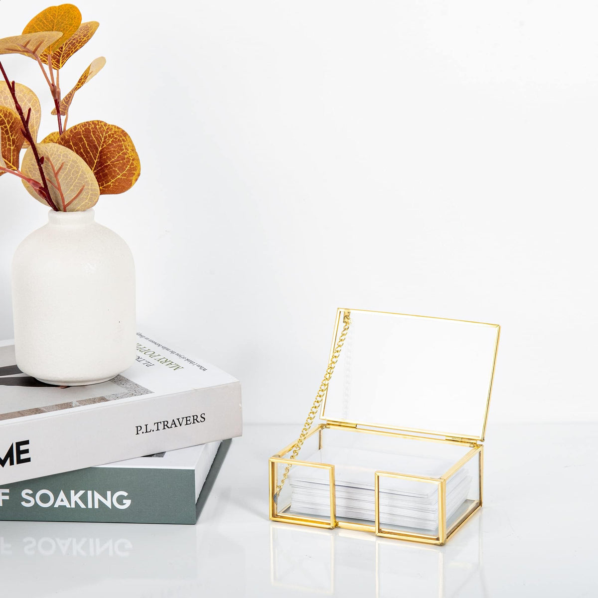 Feyarl Clear Gold Glass Business Card Box with Lid Name Card Display Organizer Container Collection Storage for Office Desktop CounterTop Meeting