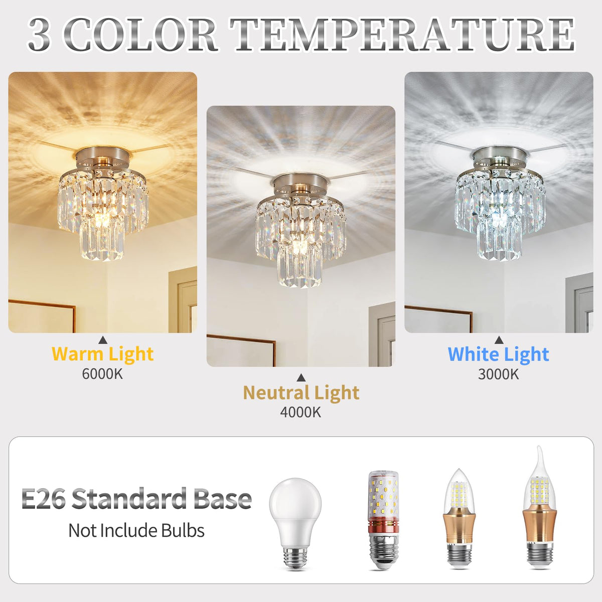 XPEHK Crystal Ceiling Chandelier,Mini Chandelier Light Fixture with K9 Crystals,Brushed Nickel Finish for Living Room Entryway Bedroom Laundry Room,1-Light E26 Base