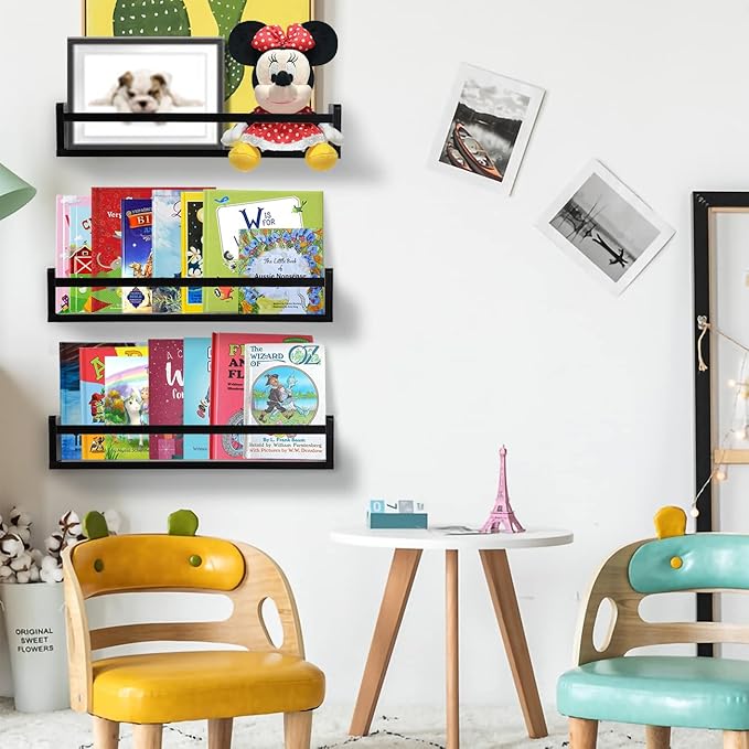 AZSKY Classic Nursery Book Shelves Black Wooden Floating Shelves Wall Bookshelf