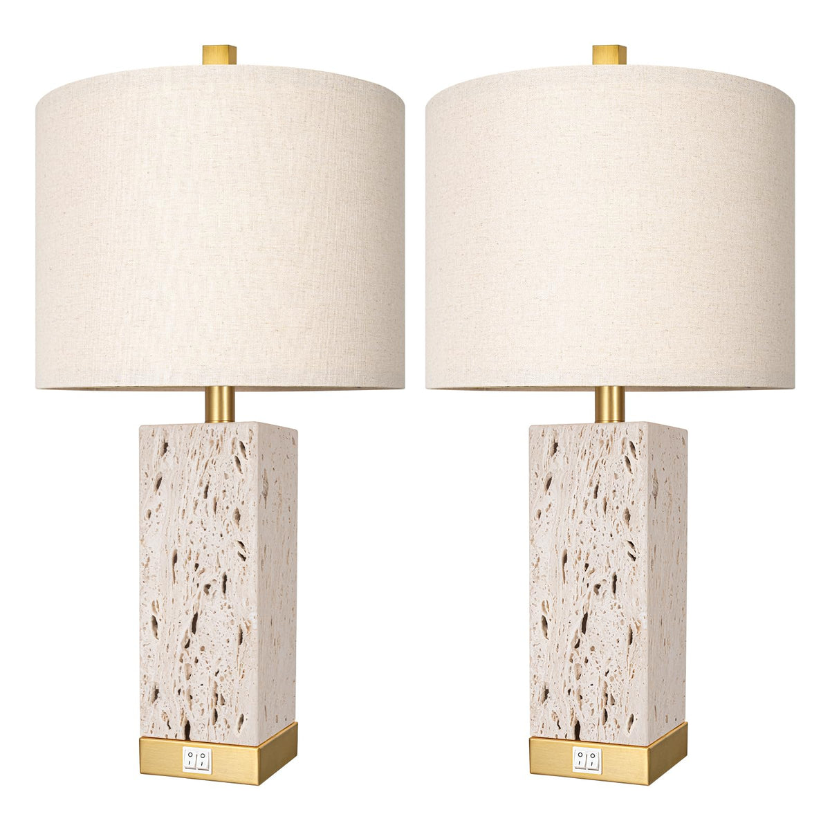 24" Modern Translucent Travertine Table Lamp Set of 2 with Night Light For Living Room,Natural Stone Desk Lamp with USB Ports.Farmhouse Bedside Nightstand Lamp Decor Bedroom home .Tradition End Lamp