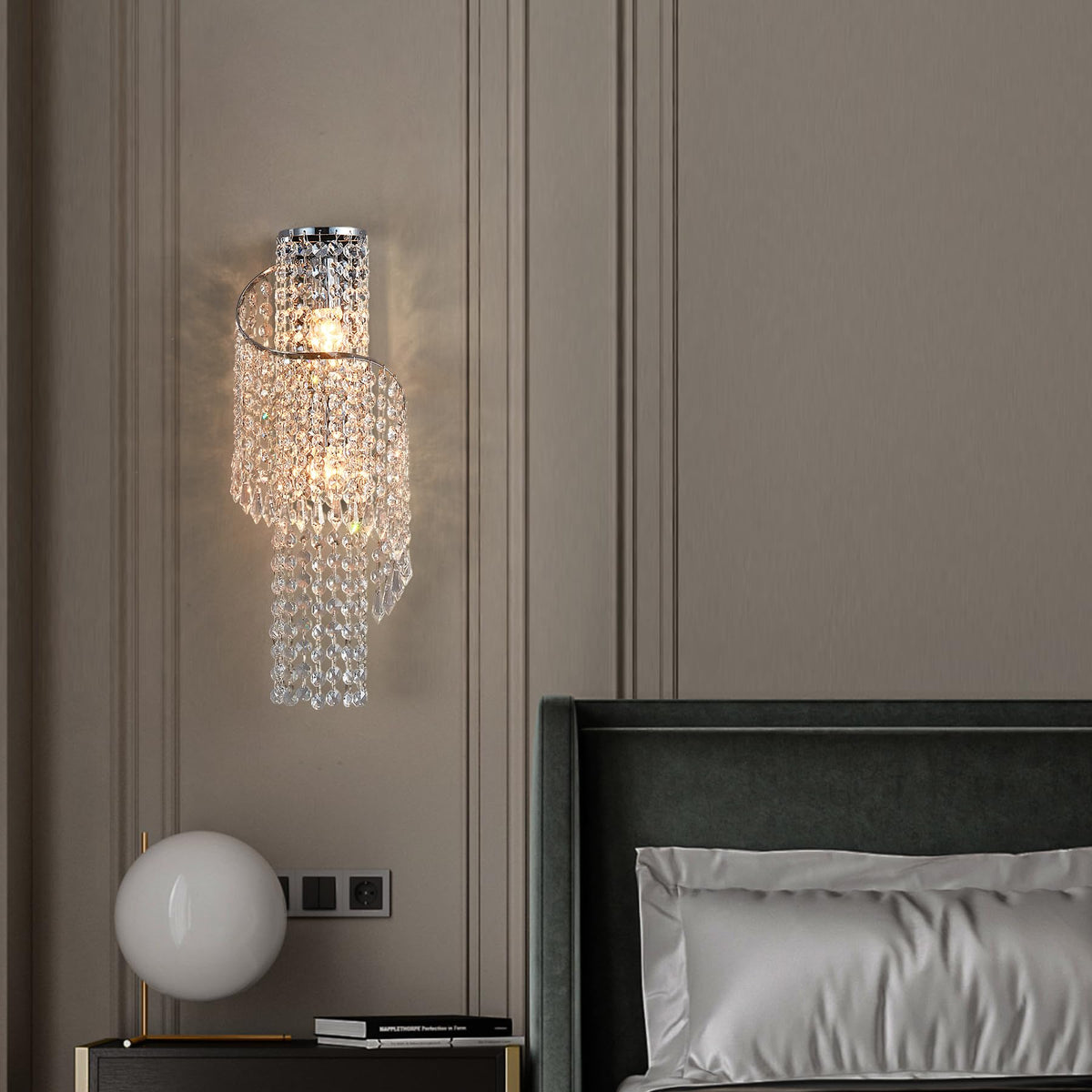 masarayti K9 Crystal Chrome Wall Sconces, Adjustable 3-Color LED Wall Light, FixtureVanity Wall Mount Lamps for Living Room Bedroom Bathroom Bedside Hallway Stairway