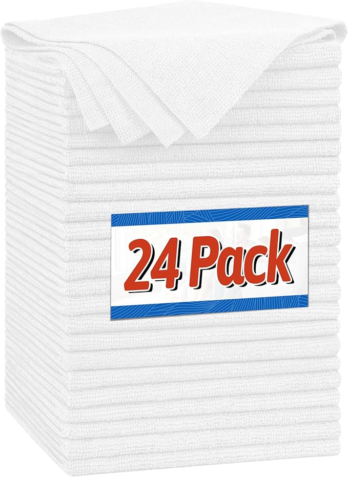FIXSMITH Microfiber Cleaning Cloth, Shop Towels Bulk, 24 Pack White Microfiber
