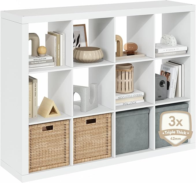Furinno Cubicle Book Shelf, 12-Cube Bookshelf, Triple Thick Frame Cube Storage