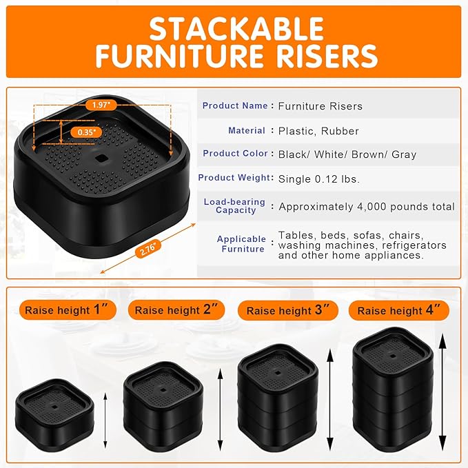 shouwuhho 32 Pack Furniture Risers Adjustable Bed Risers Heavy Duty Lifts