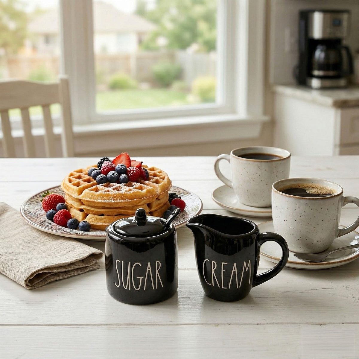 Sugar and Creamer Set, Cream Container and Sugar Holder Set for Coffee Bar, Farmhouse Sugar Bowl with Lid and Spoon, Ceramic Sugar Dispenser and Creamer Pitcher Set for Countertop (Black)