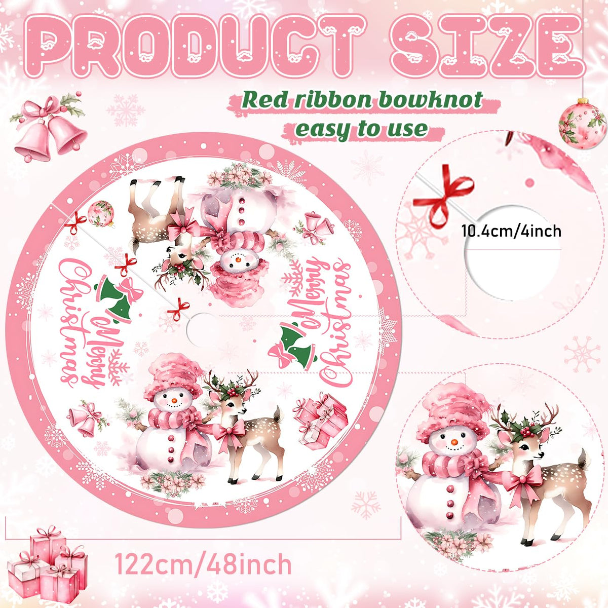 Pink Christmas Tree Skirt Merry Christmas Decoration Snowman Decoration 48 Inch Tree Skirt for Festival Party Decor Indoor Outdoor