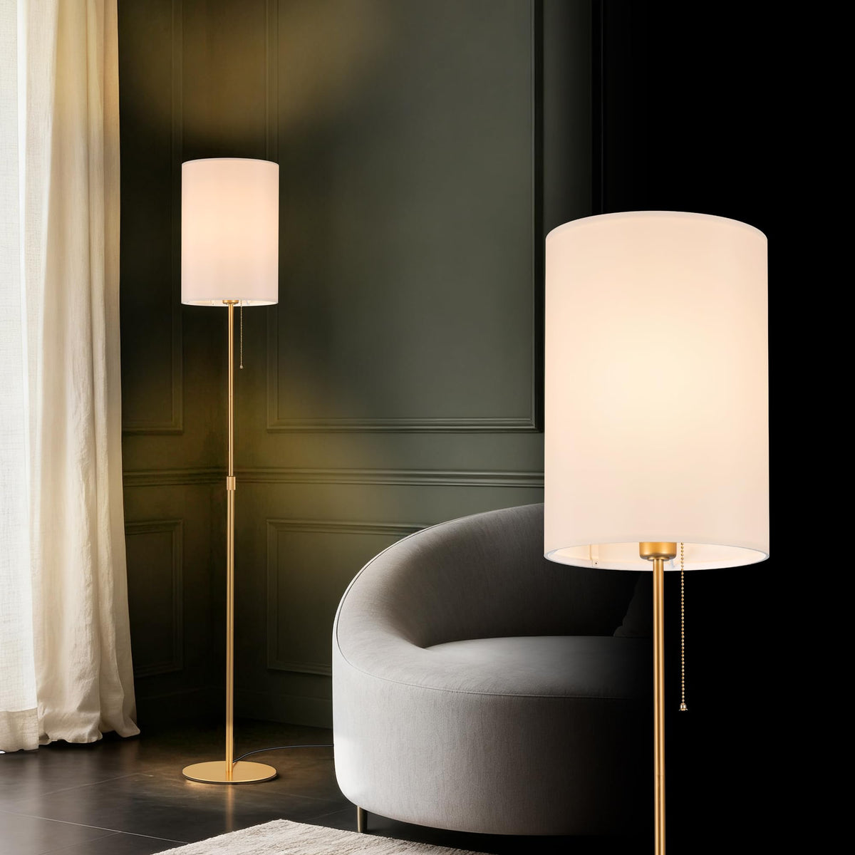 Tubicen Slim Floor Lamp Gold Fabric Tall Lamp with Pull Chain Dimmable Thin Standing Light 61" Adjustable Mid Century Modern Narrow Floor Lamp for Living Room Bedroom Office