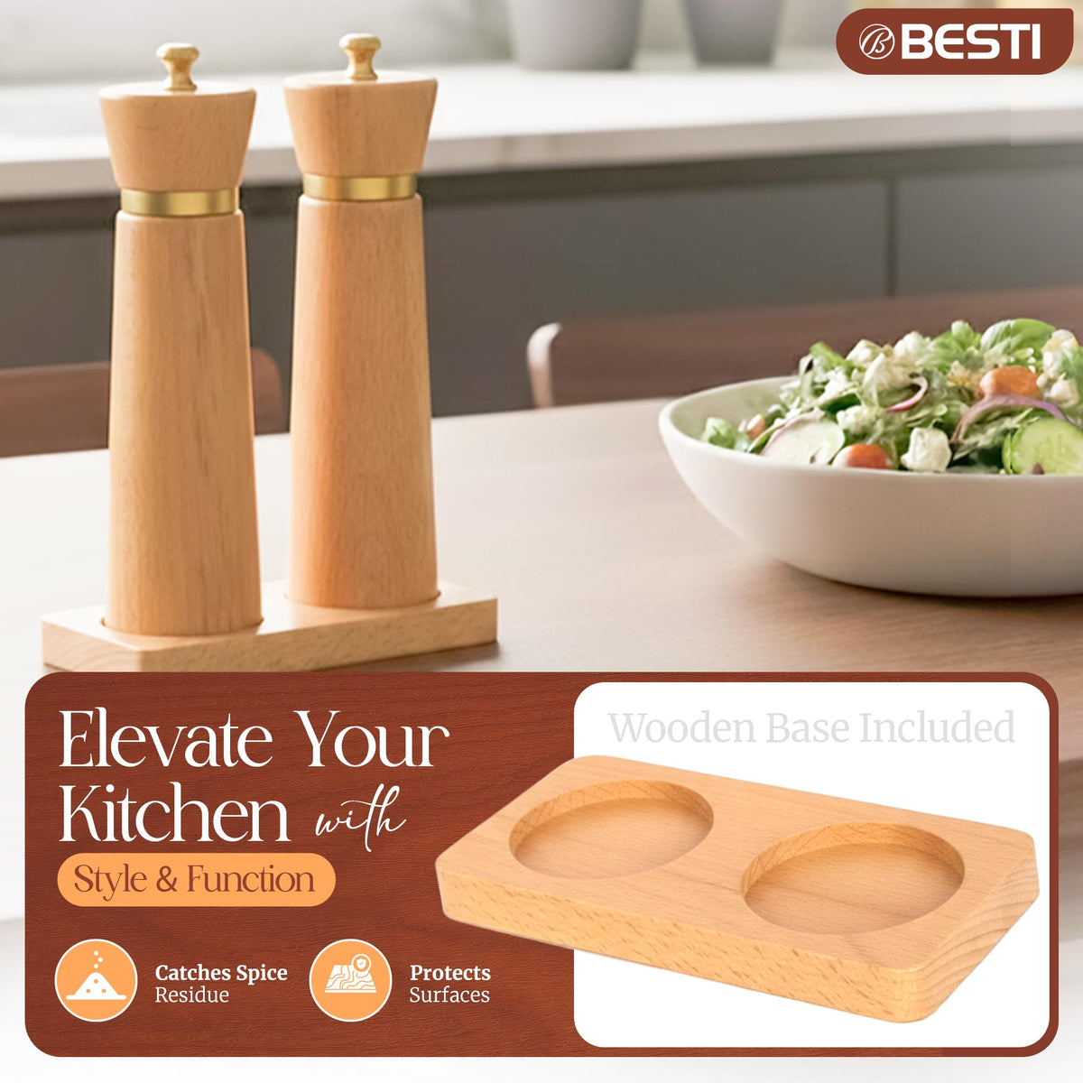 Besti Wooden Salt and Pepper Grinder Set with Tray - Striped Acacia Refillable Grinders for Salt, Pepper, Seasonings, Reusable Pepper & Salt Mill - Kitchen & Dining Table (7" Beech)