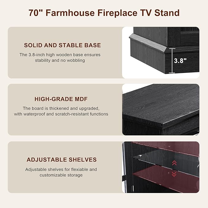 MXV 70" Fireplace TV Stand, 3-Sided Glass Fireplace and Modern Entertainment