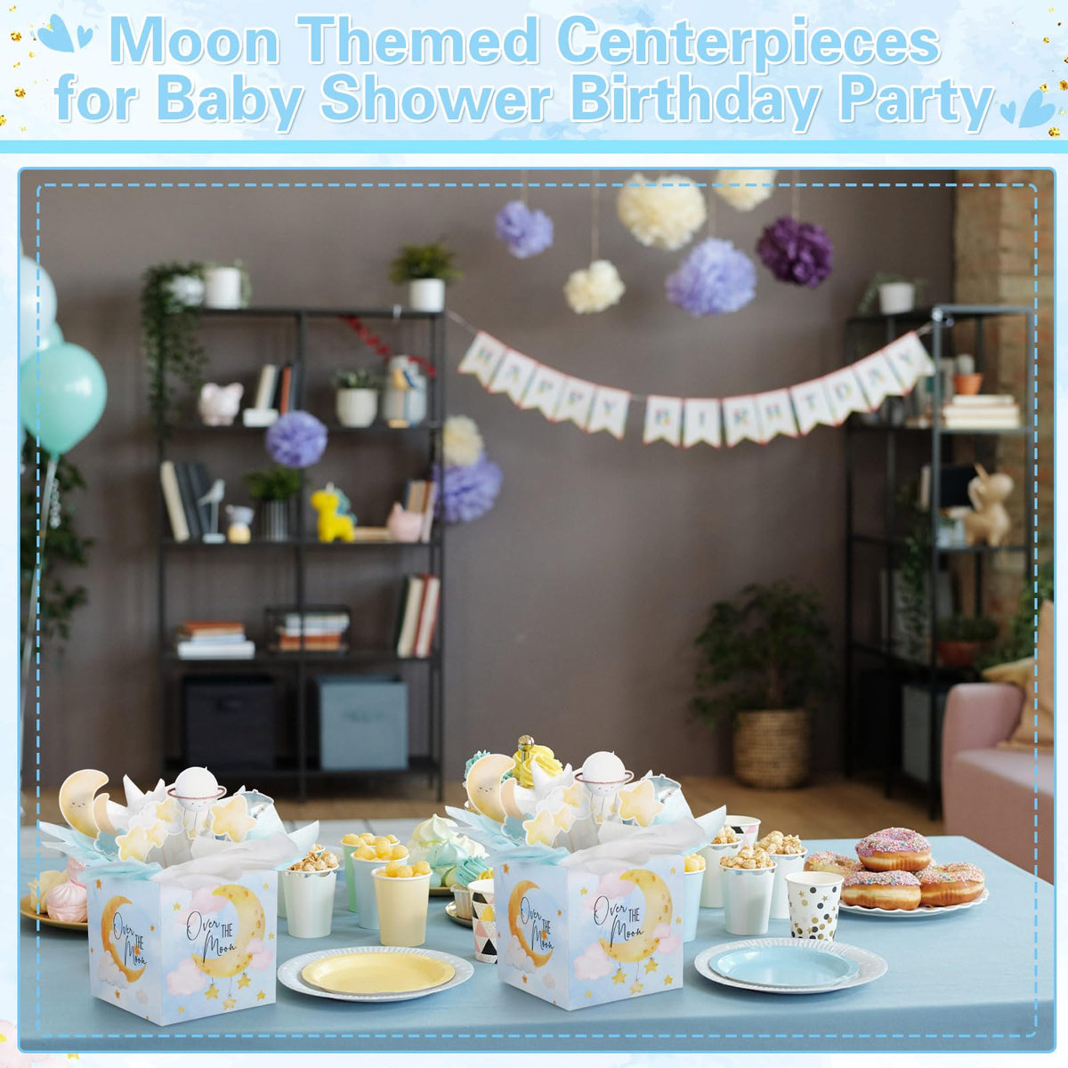 Spiareal 9 Set Moon Themed Party Decorations Moon Themed Table Centerpieces with Boxes Star Cloud Cutouts Toppers Wooden Sticks and Tissue Paper Baby Shower Gender Reveal Party Table Decor