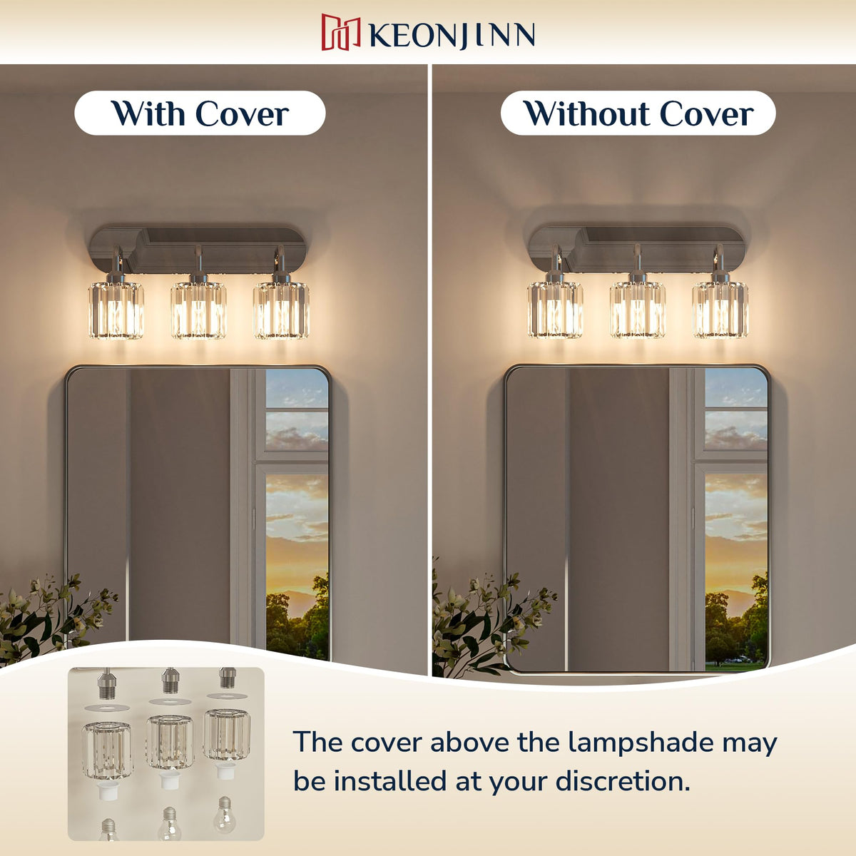 Keonjinn 5-Light Bathroom Light Fixtures, Crystal Chrome Bathroom Vanity Lights Over Mirror, Vanity Lighting Fixtures with Crystal Square Shades (E26 Socket, Exclude Bulb)