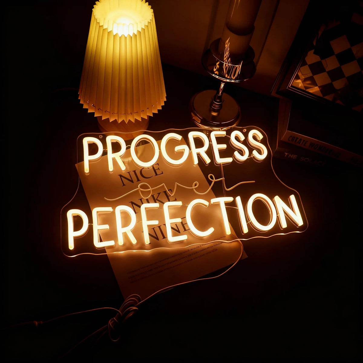 Progress Over Perfection Wall Hanging Neon Sign,Classroom Wall Decor Sign, Led Inspirational Office Decor Light, Teacher Gift, Decorative Neon Lights for Kids Room, Playroom Wall Decor (warm white)
