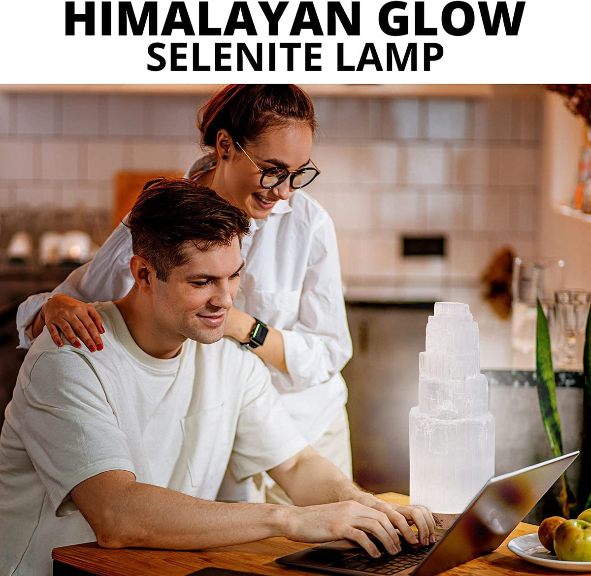 Himalayan Glow Selenite Crystal Lamp 20cm, Moroccan (ETL Certified) Tower Lamp with Wooden Base & USB Charging Cable, Anxiety Relief Healing Crystals for Home Decor