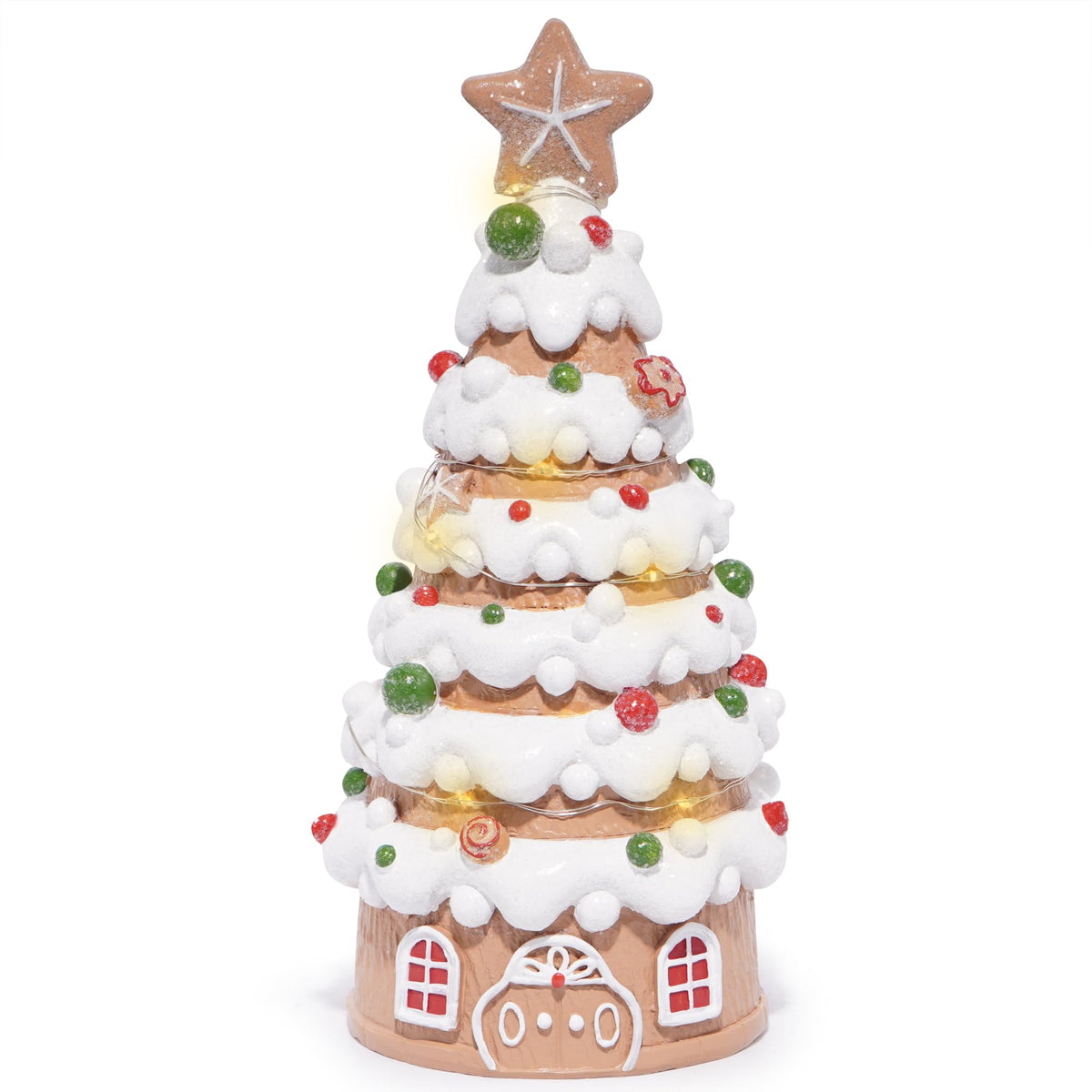 Hodao Christmas Village House Decorations Gingerbread House with Xmas Tree Theme, Battery-Powered (2 AAA) 8.6" H Resin Christmas Tree Decor for Indoor Festive Home or Party (Tree-1)