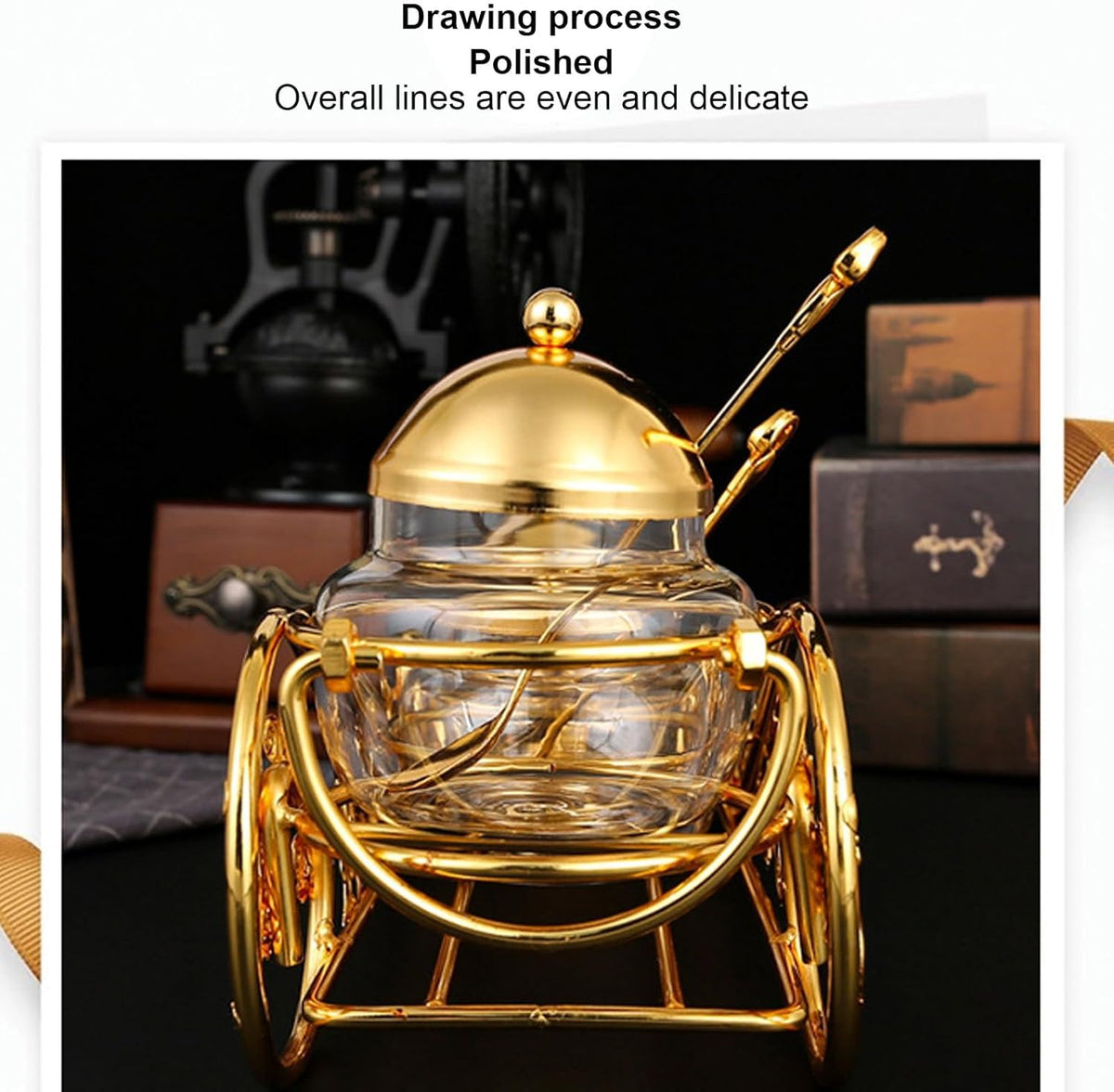 Golden Sugar Jar,European Crystal Sugar Bowl Kitchen Condiment Containers Seasoning Storage Pot Sauce Bottle Seasoning Jar with Lid Spoon