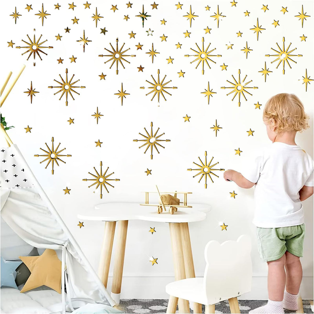 Star Wall Decals Gold Stars Stickers Ceiling Decor Removable Acrylic Mirror Decal Peel and Stick Sparkle Sticker for Wall 3D Midcentury Mirror Art Murals for Bedroom Living Room Nursery Decorations