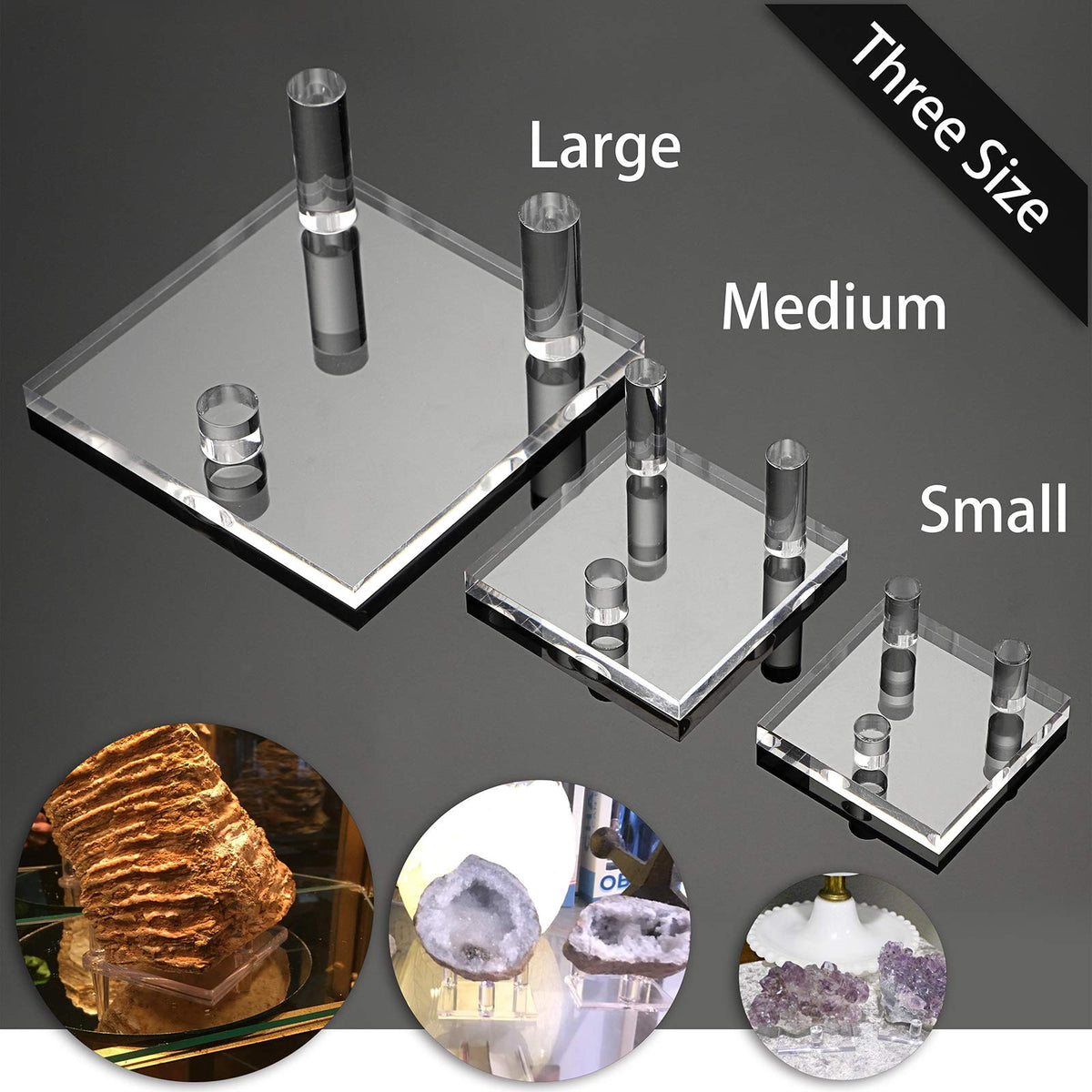 Hipiwe Clear Acrylic Display Stand - Three-Peg Display Easel Stands for Fossil Coral Geodes Rock Mineral Agate Small Collectibles, Set of 4
