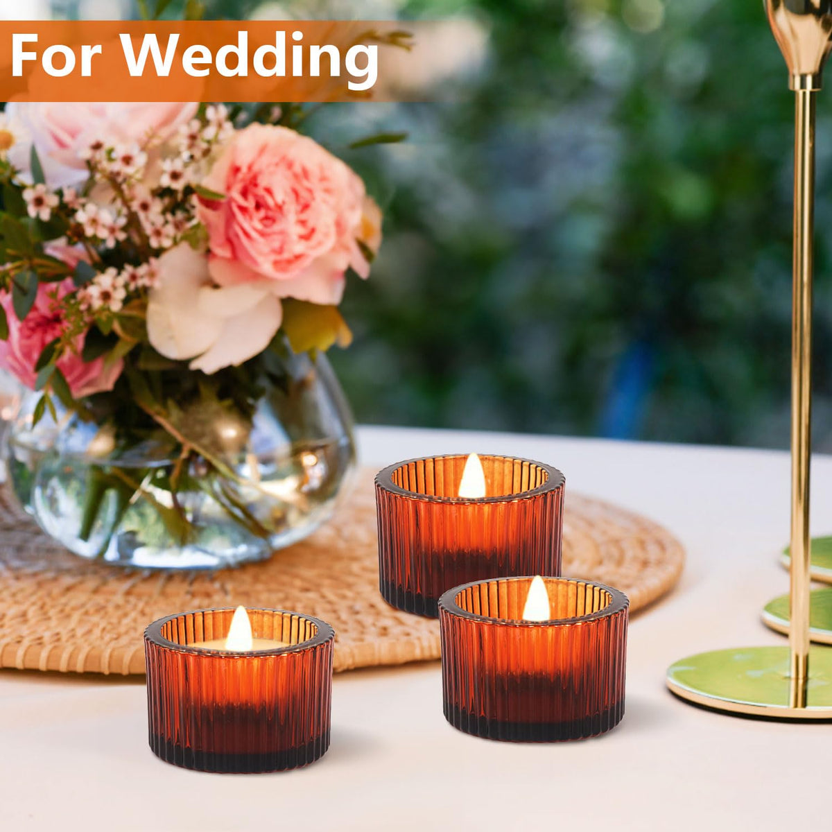 JOYIT Amber Votive Candle Holders Bulk Set of 12, Tealight Candle Holder for Wedding Table Centerpiece, Glass Small Candle Holders for Birthday Party, Valentine's Day, Home Decor (2''X 1.4'')