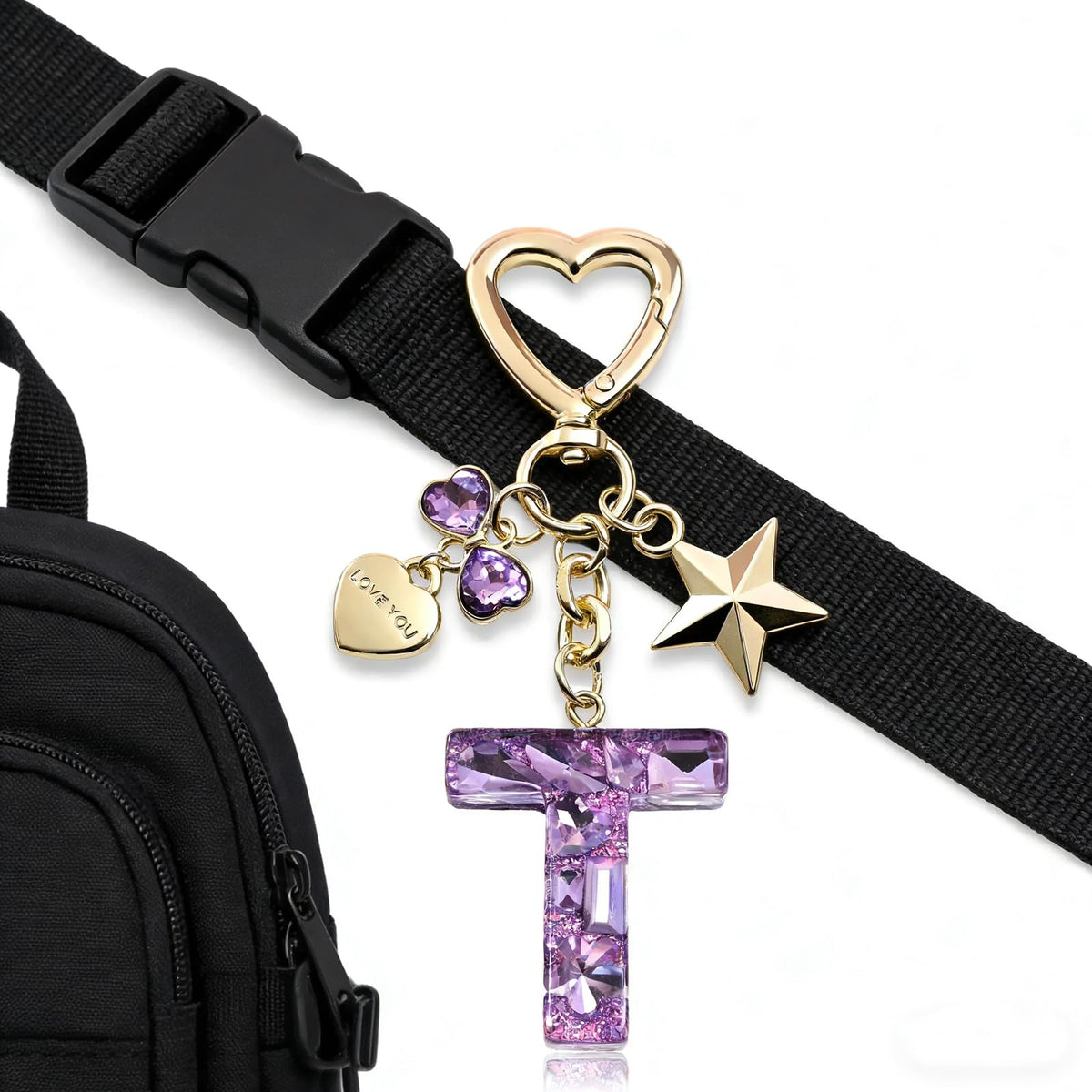 NIUYIBAO Crystal Letter Keychain with Heart Clasp, Gold Star and Heart Charms, Purple1.46 x 4.33 Inches (T)