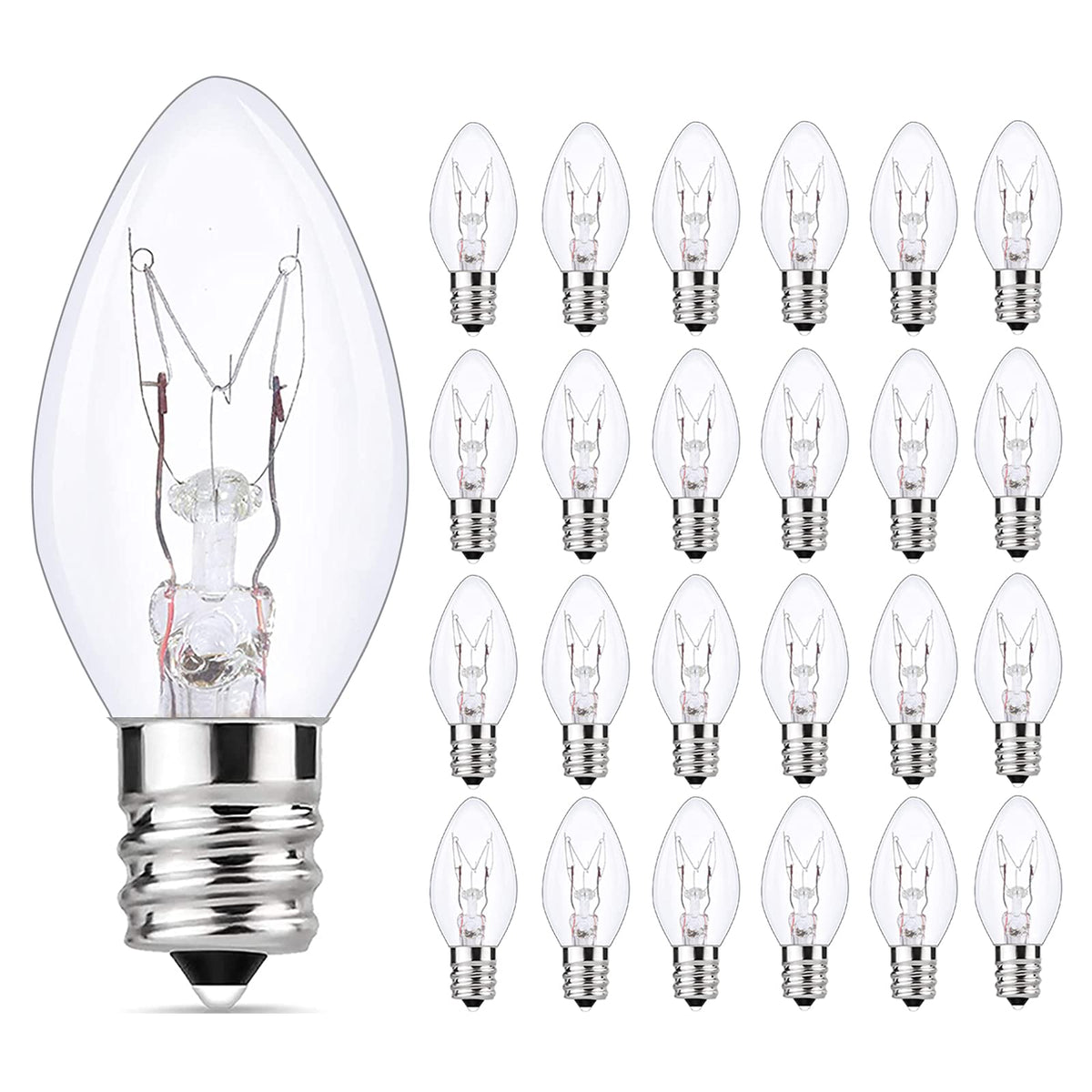 SUNSGNE 25 Pack Clear Replacement Bulbs Night Light Bulbs, C7 Clear Christmas Incandescent Light Bulbs for Night Light Salt Lamp Outdoor Patio String Light, E12/C7 Candelabra Base, 120 Volt, 5 Watt