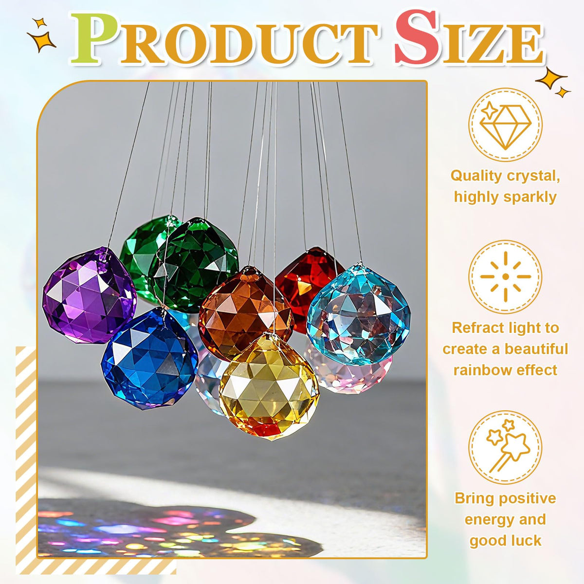 YELARXI Crystal Ball Prisms, Sun Catcher Hanging Prism Sun Catcher Pendant 42mm / 1.65Inch & 10 Pack & Champagne-Fitting for (Outdoor/Indoor/Windows/DIY Decor/Feng Shui/Chandelier)