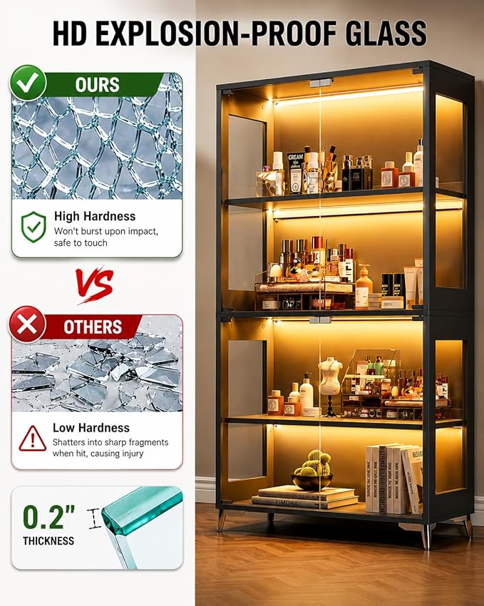 Glass Display Cabinet with Doors, 4-Tier Display Case with Adjustable Shelves